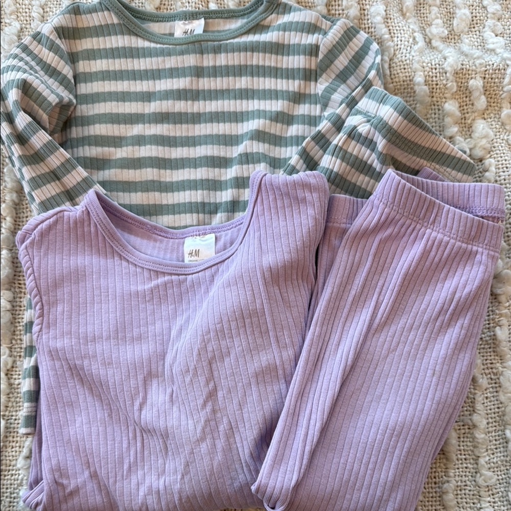 H&M Green Striped Top and Purple Ribbed Bottom Set/ stains reduced price